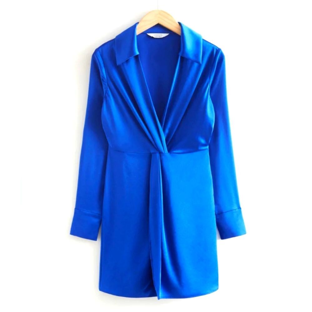 & Other Stories Satin Dress Twist Front Mini Bright Blue NEW 12 Large